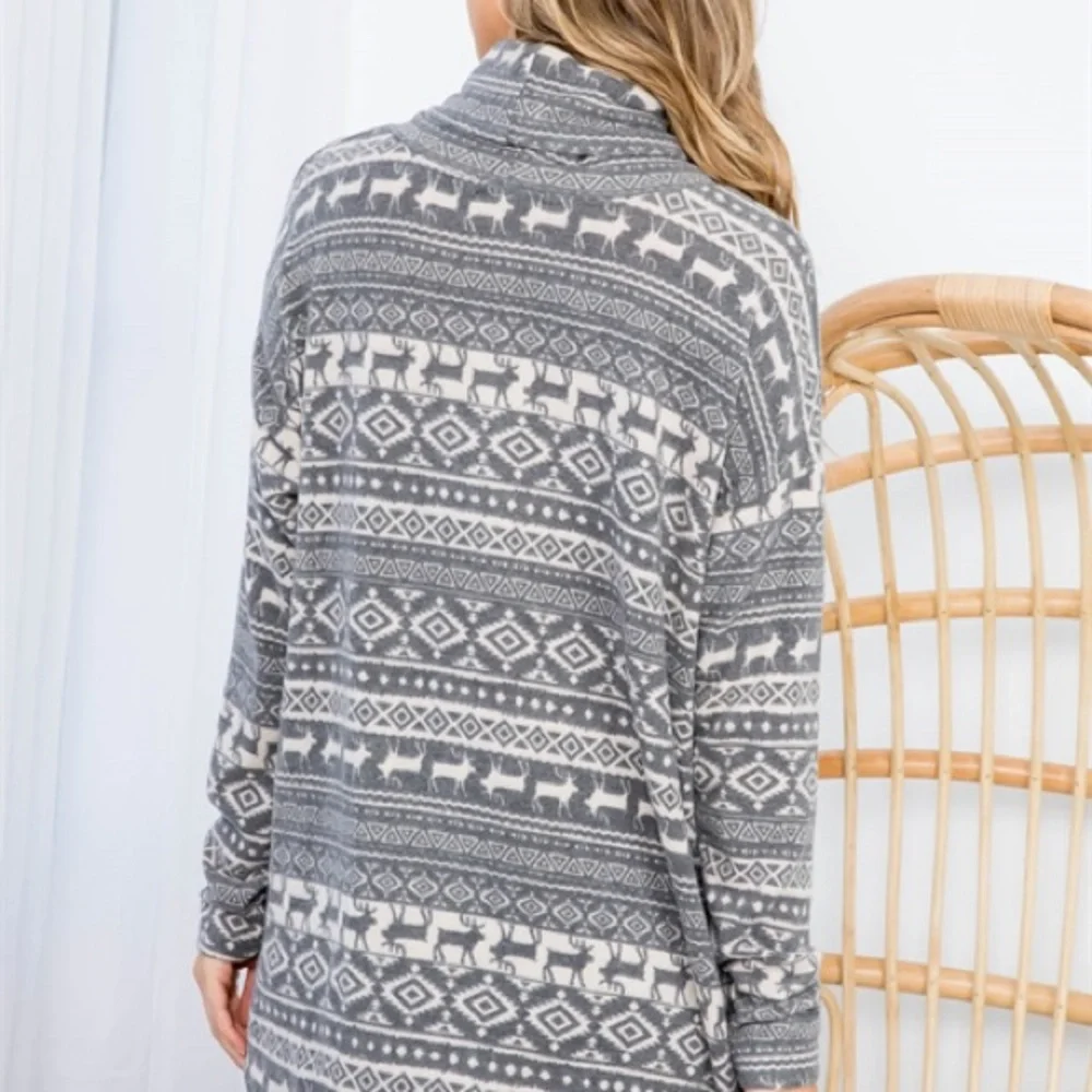Reindeer Print Long Sleeve Tunic Cowl Neck Front knot top - Picture 7 of 11